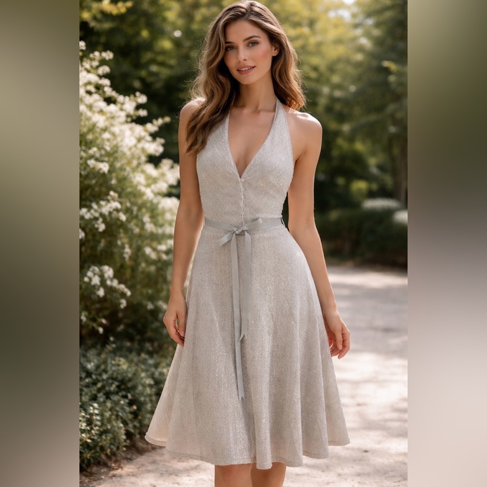 Alexia Admor NY Metallic Silver Belted Halter Dress